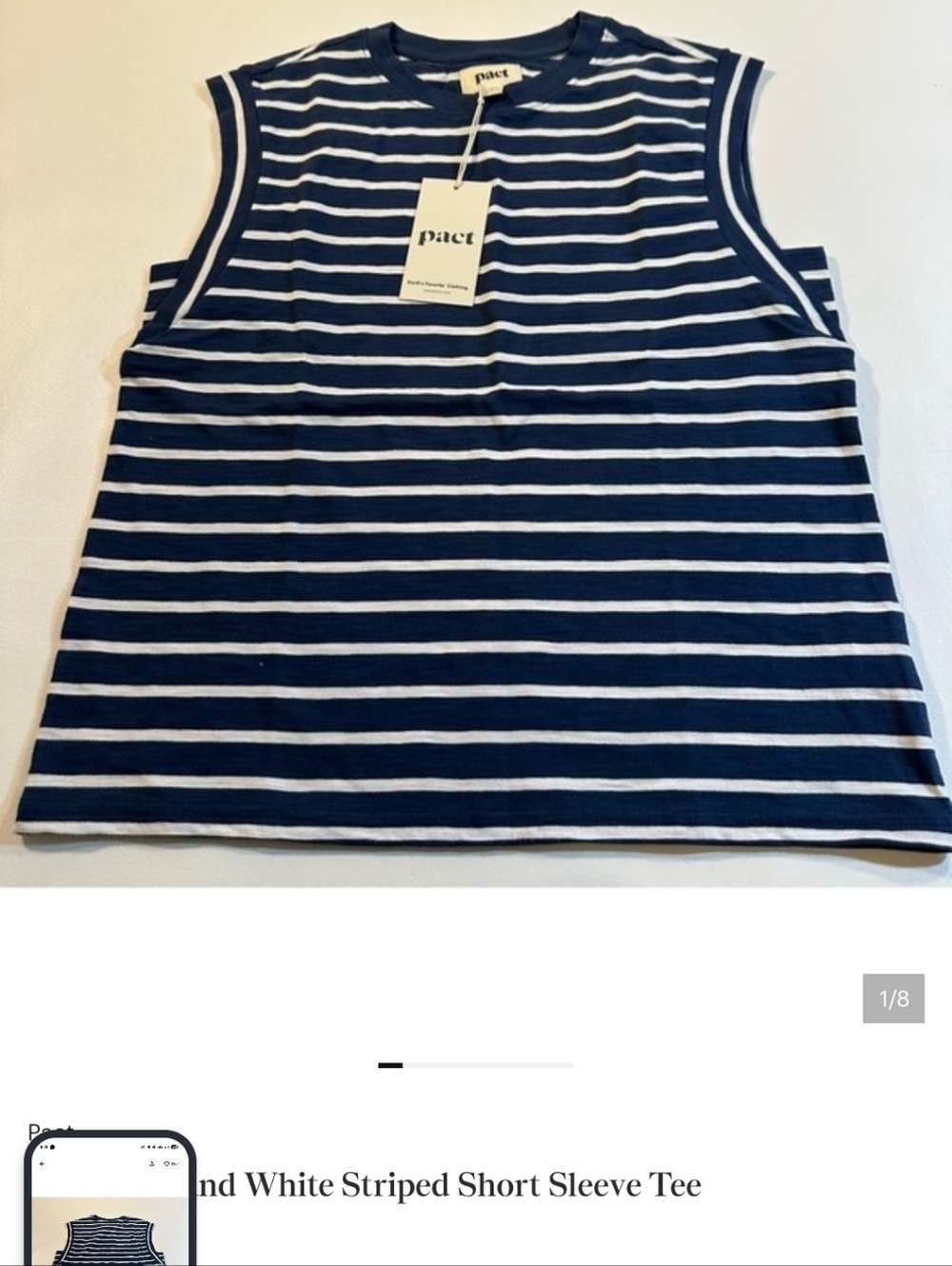 Pact Women's Navy and White Striped Tank Medium